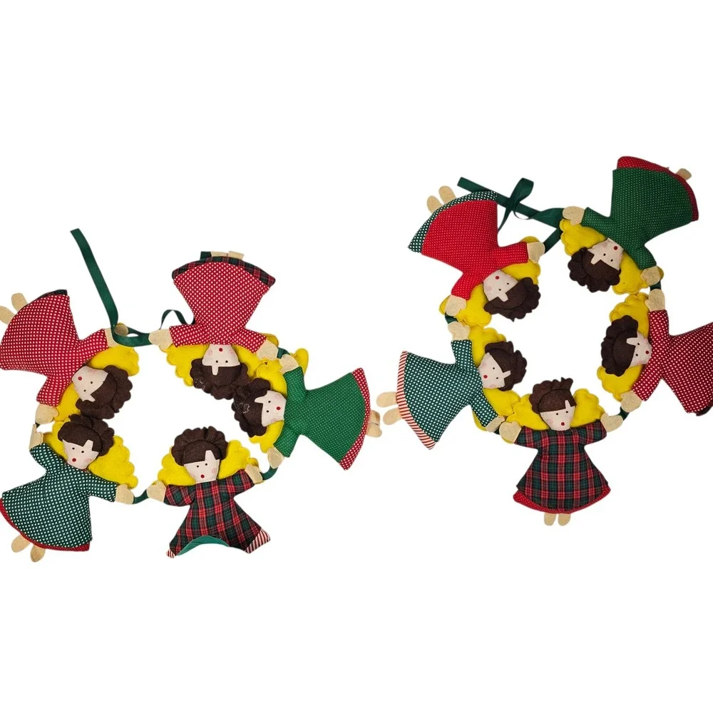Vintage Style‎ Fabric Angel Christmas Garland Set of 2 Red Green Plaid Folk Art